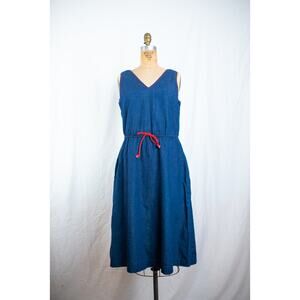Vintage 90s Denim Jumper Midi Dress Dark Wash Jean Pinafore Red Trim, Cottage, S